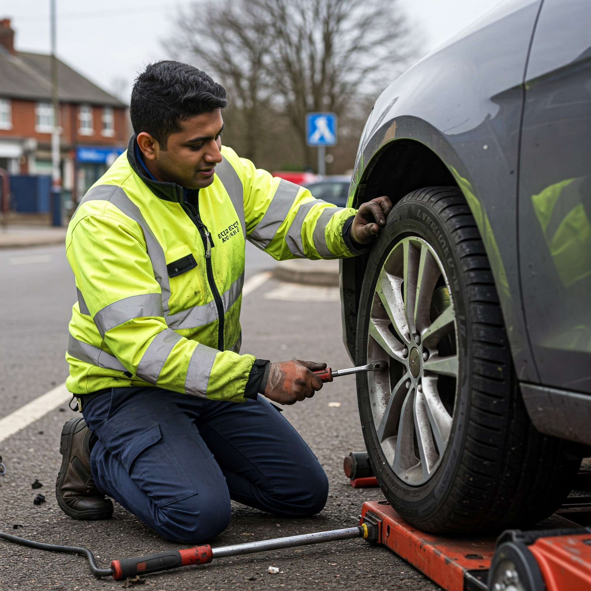 Emergency tyre replacement at night in Wigan